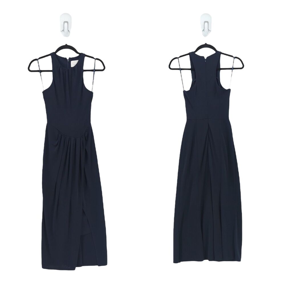 Cinq A Sept Women 0 Lezlie Dress Navy Blue Midi Stretch Jersey Split High Neck